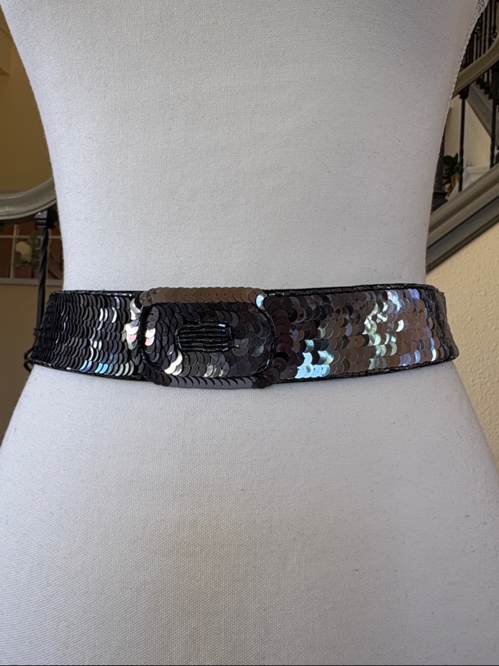 BCBGMaxAzria Black Elastic & Gray “Gunmetal” Sequined Belt Size Small
